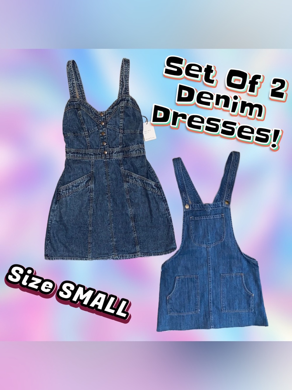 2x Denim Mini Dresses ~Size S~ Japna Sweetheart Smocked Corset & Frayed Overall